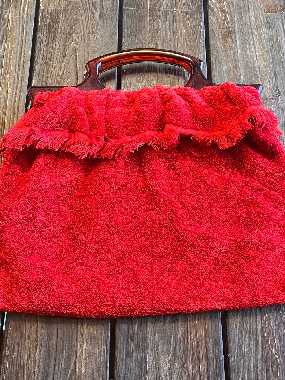Vintage Handmade Red Terrycloth Handbag Double Plastic Handles Tote Lightweight